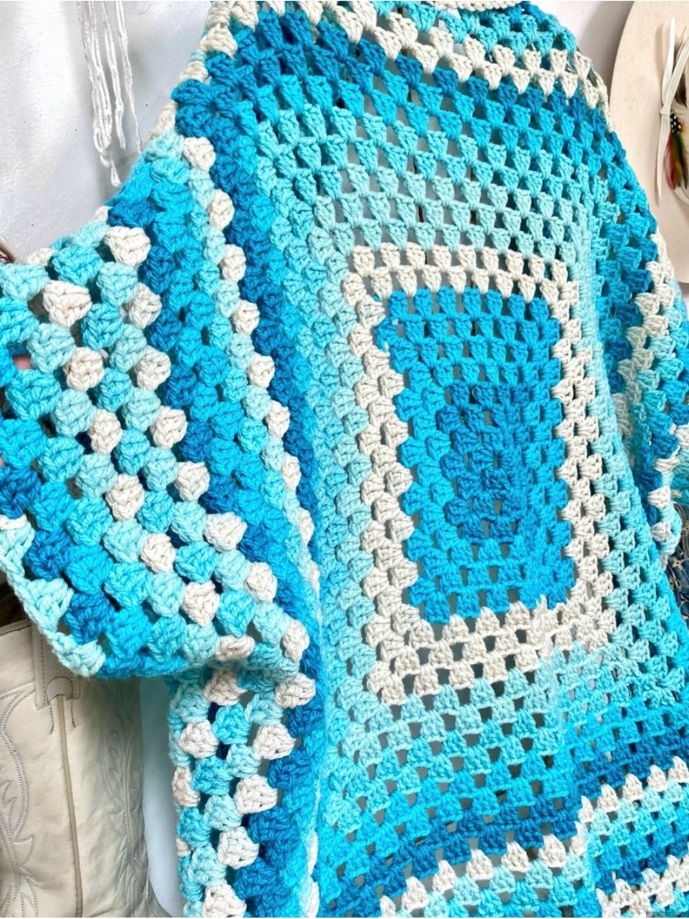 Hand-Crocheted Open Front Cardigan Sweater - Turquoise & Cream - Picture 6 of 10